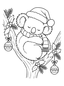 A cozy sleeping christmas koala coloring page curled up in a tree with holiday decorations.