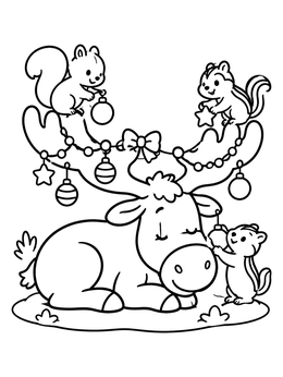 A cute christmas moose coloring page featuring squirrels decorating antlers with ornaments.
