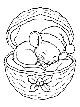 A cozy christmas mouse coloring page featuring a tiny sleeping mouse curled in a walnut shell.