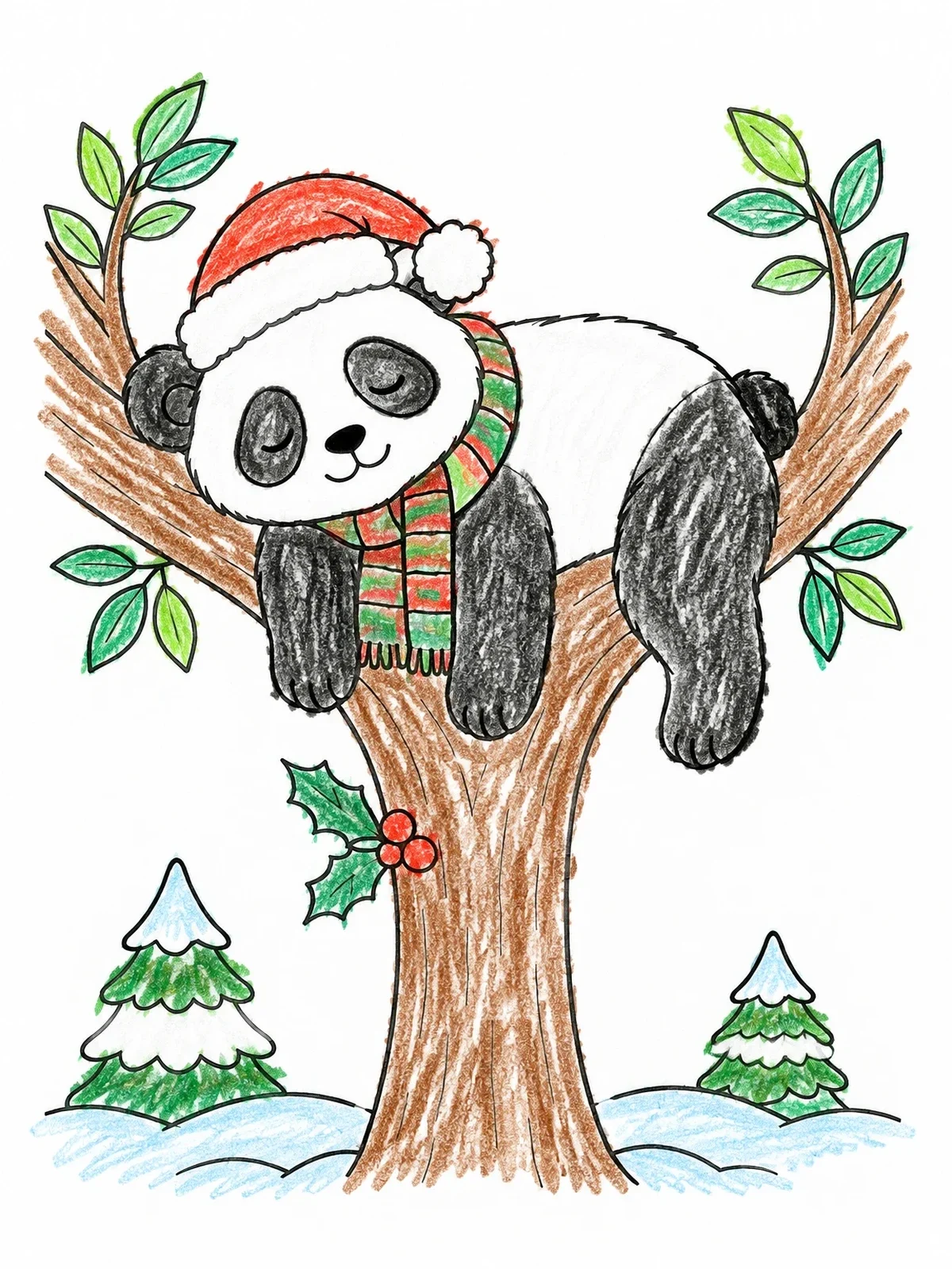 Colored example of the Sleeping Christmas Panda In A Tree coloring page