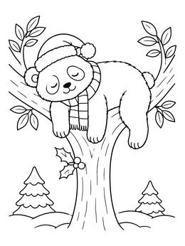 A cute panda coloring page showing a bear napping in a tree fork with a Santa hat.
