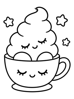 A sweet sleeping cotton candy coloring page resting inside a cute teacup.