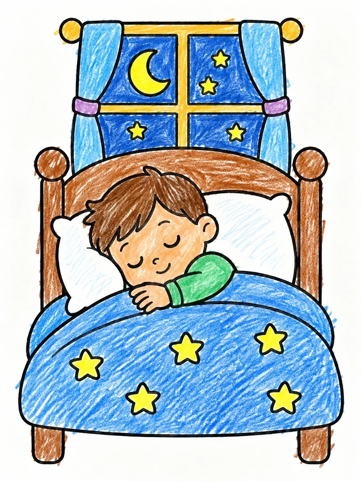 Colored example of the Cozy Boy Asleep In Bed coloring page