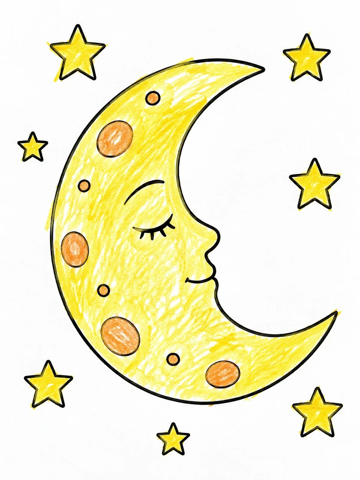 Colored example of the Sleeping Crescent Moon And Stars coloring page