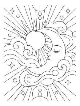 A serene sleeping crescent moon and bright sun rays shine on this sun and moon coloring page.