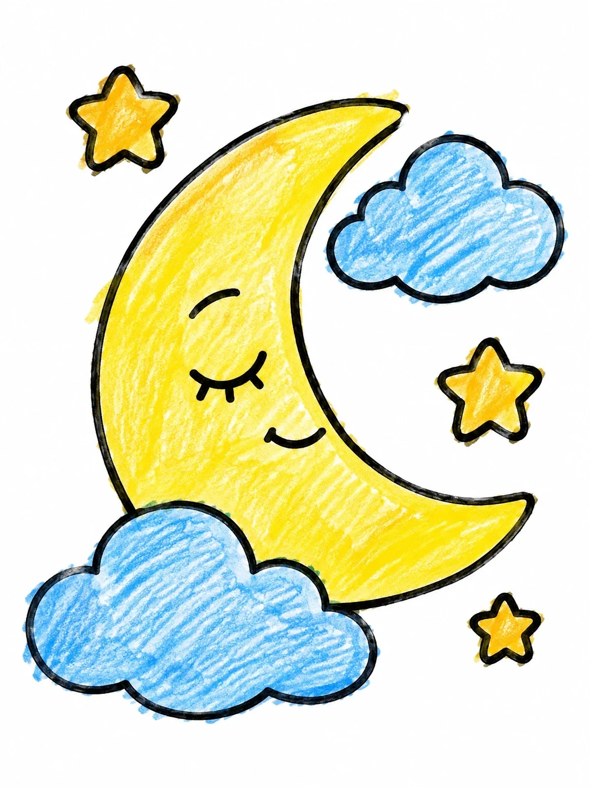 Colored example of the Sleeping Crescent Moon With Clouds coloring page