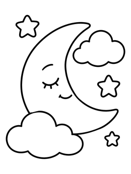 Free printable Sleeping Crescent Moon With Clouds coloring page