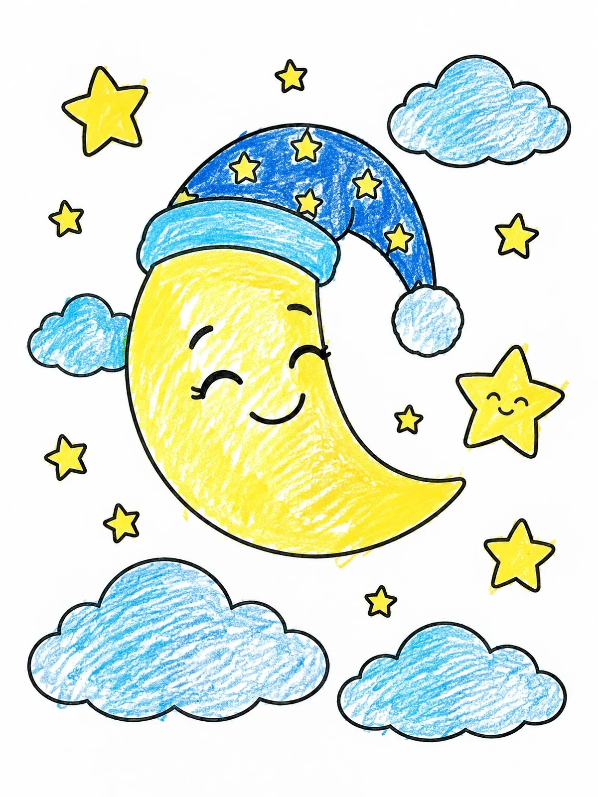 Colored example of the Sleeping Crescent Moon With Nightcap coloring page