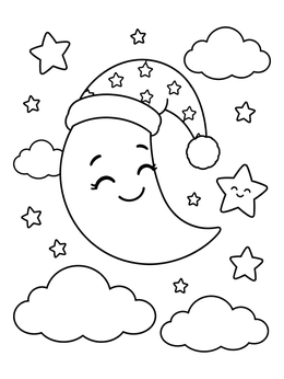 Free printable Sleeping Crescent Moon With Nightcap coloring page