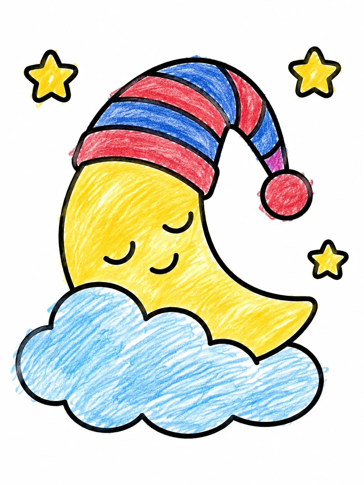Colored example of the Sleeping Crescent Moon With Nightcap coloring page
