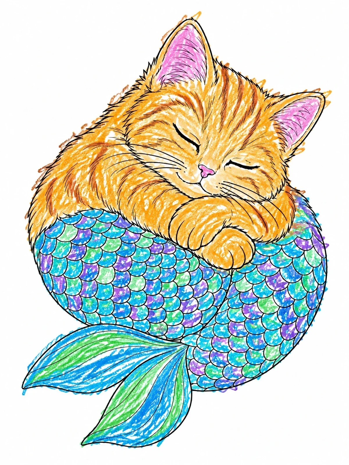 Colored example of the Sleeping Curled Mermaid Kitten coloring page