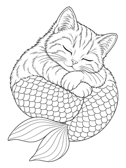 A peaceful mermaid cat coloring page showing a curled sleeping kitten with a scaly fish tail.