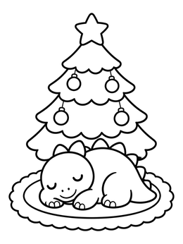 A sweet christmas dinosaur coloring page of a little dino sleeping peacefully under a decorated holiday tree.