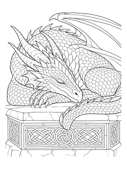 Detailed dragon coloring page featuring a sleeping dragon resting on a Celtic stone altar.
