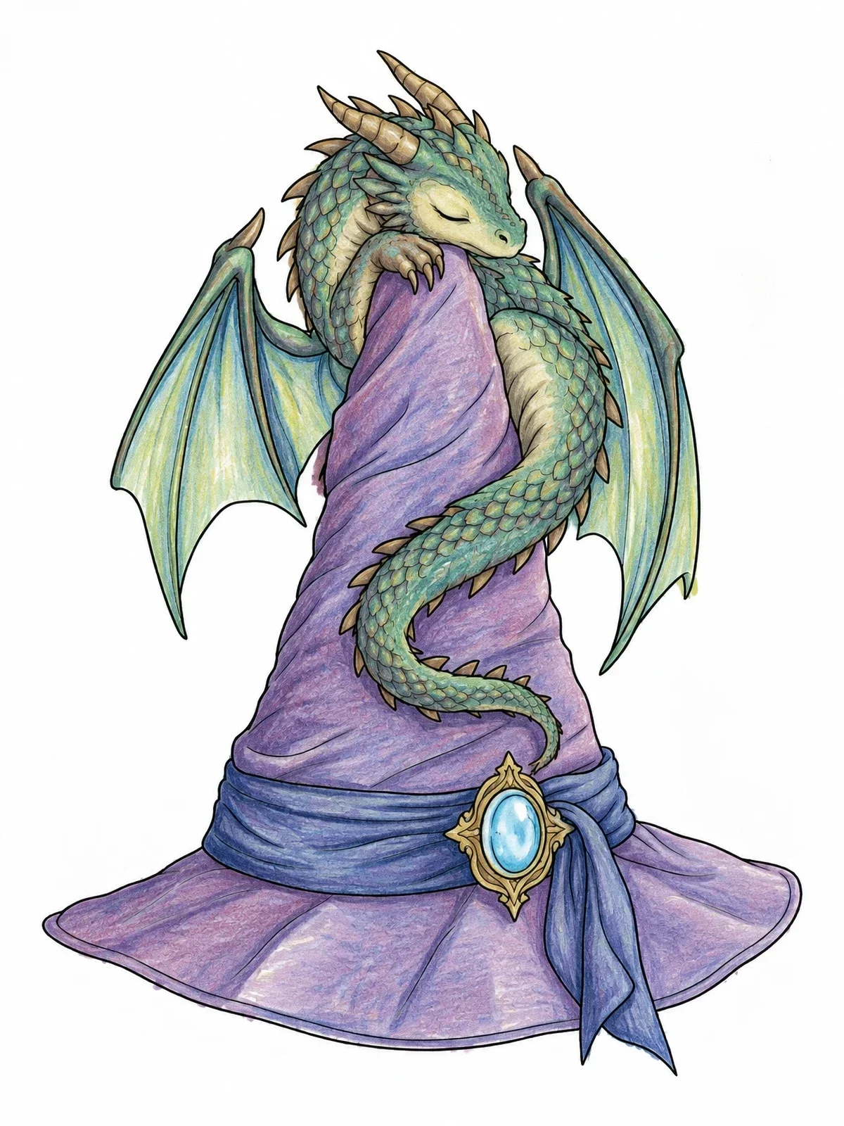 Colored example of the Sleeping Dragon On Wizard Hat coloring page