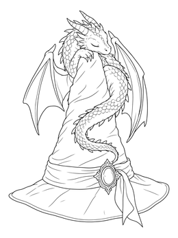 A sleeping baby dragon rests atop a pointed hat in this detailed wizard coloring page.