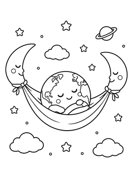 A cute earth day coloring page showing the planet sleeping in a hammock between two crescent moons.