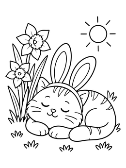 Free printable Sleeping Easter Cat With Bunny Ears coloring page
