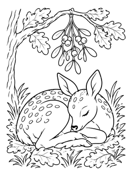 A sleeping fawn under an oak branch on this peaceful mistletoe coloring page.