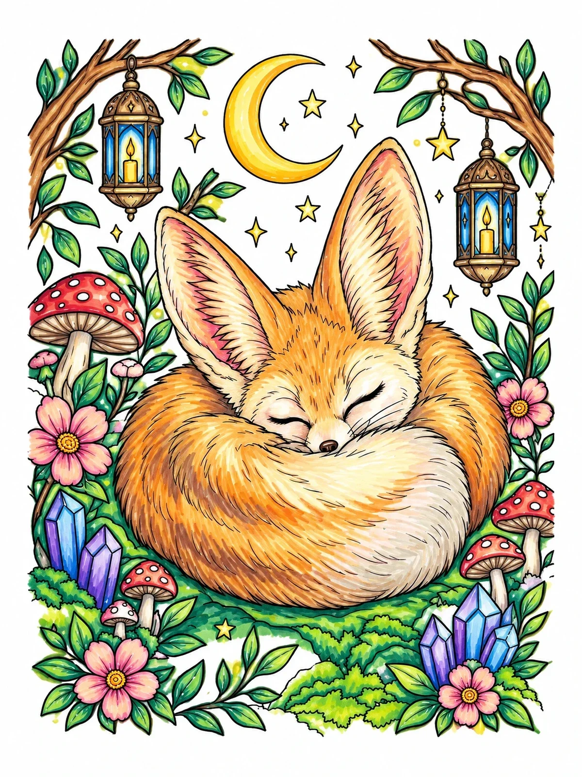 Colored example of the Sleeping Fennec Fox Under The Moon coloring page