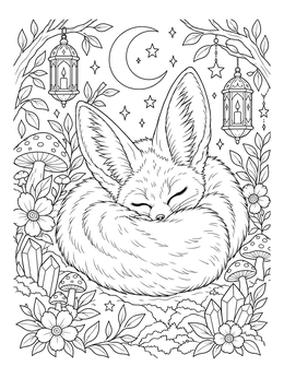 Free printable Sleeping Fennec Fox Under The Moon coloring page