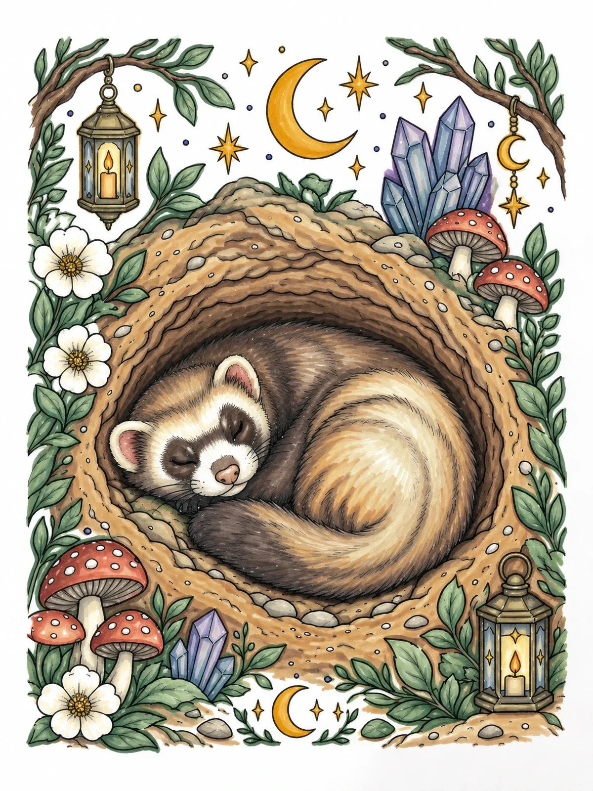 Colored example of the Sleeping Ferret In Cozy Burrow coloring page