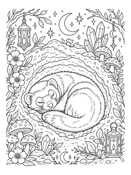 Free printable Sleeping Ferret In Cozy Burrow coloring page