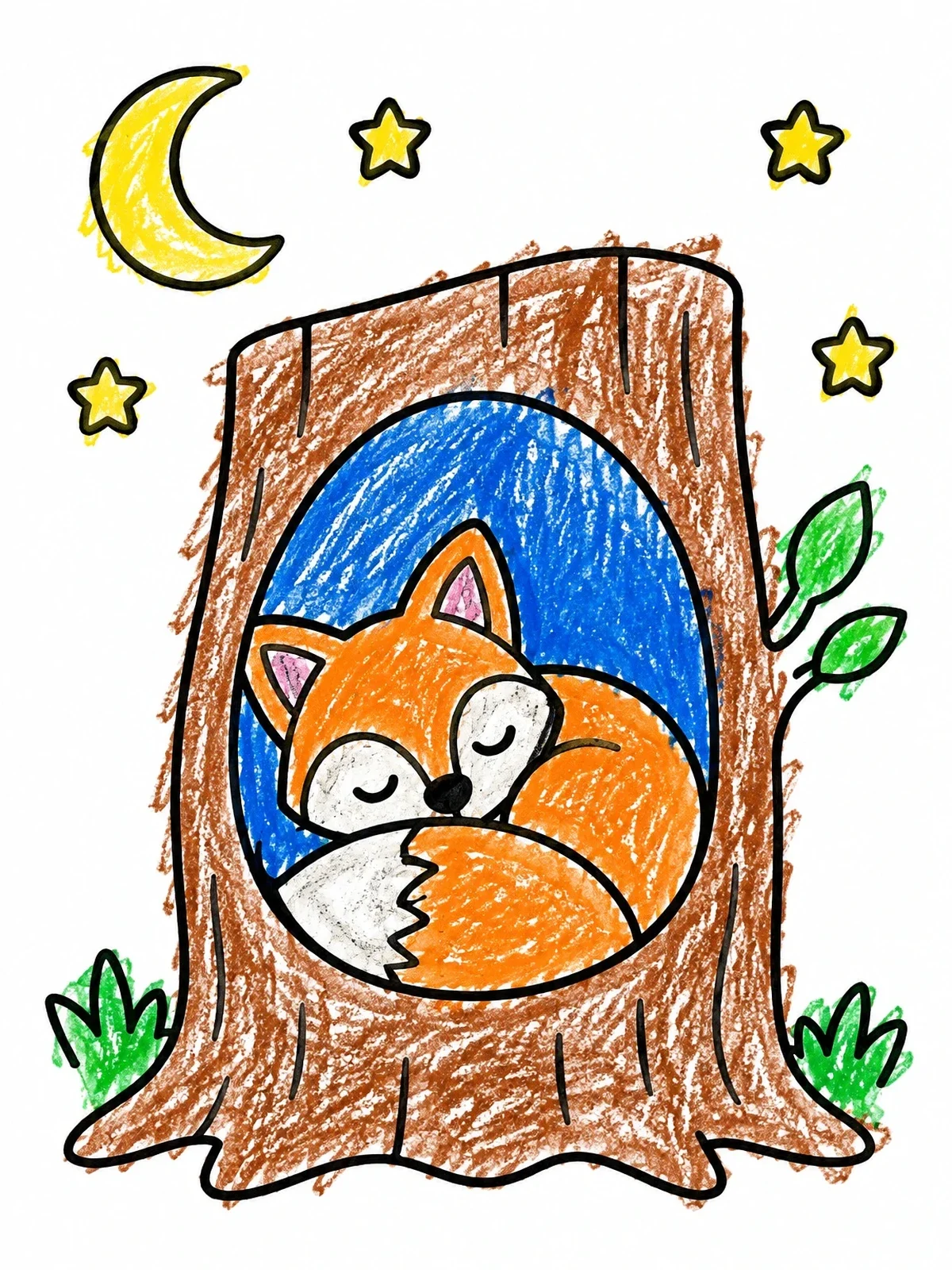 Colored example of the Sleeping Fox In Hollow Tree Trunk coloring page