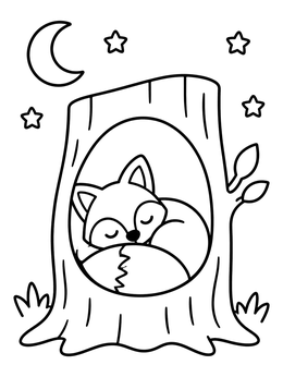 Free printable Sleeping Fox In Hollow Tree Trunk coloring page