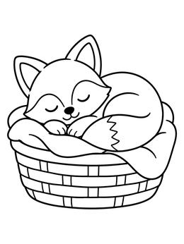 A peaceful sleeping fox coloring page curled up warmly inside a cozy woven basket.