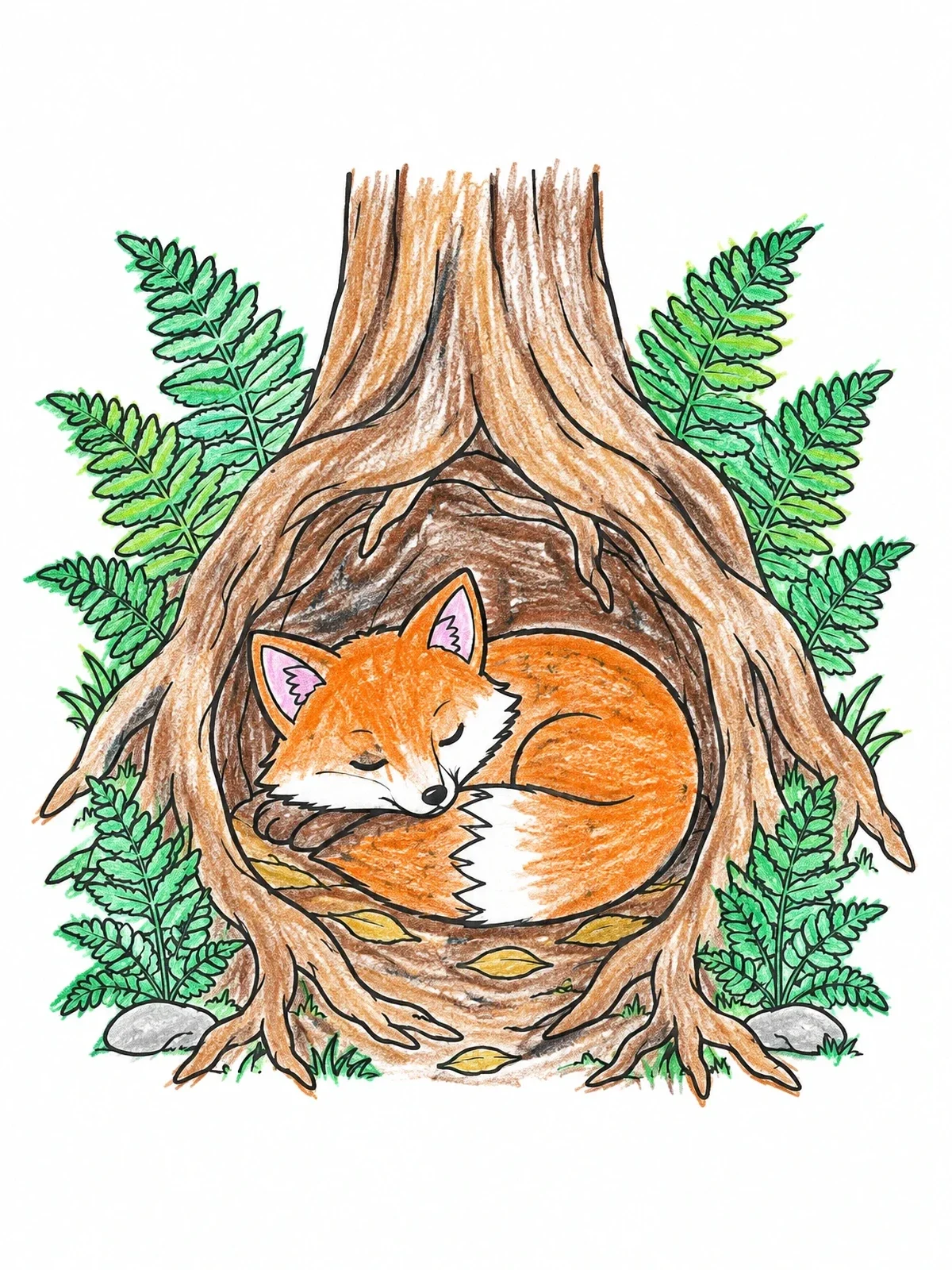 Colored example of the Sleeping Fox In Tree Root Burrow coloring page