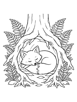 Free printable Sleeping Fox In Tree Root Burrow coloring page