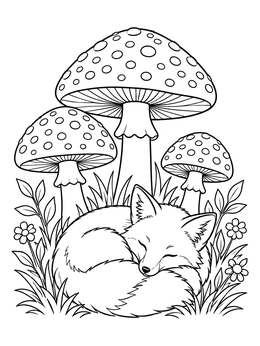 A peaceful sleeping fox curled beneath toadstools on this mushroom coloring page.