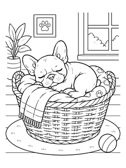 Free printable Sleeping French Bulldog In Basket coloring page