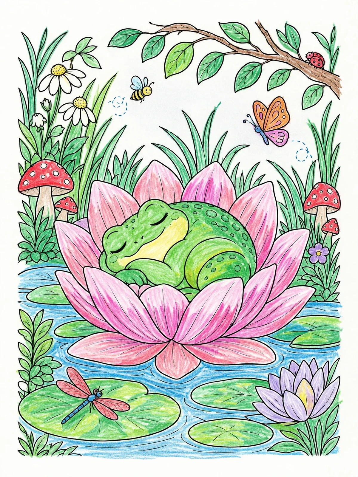 Colored example of the Sleeping Frog In Water Lily coloring page