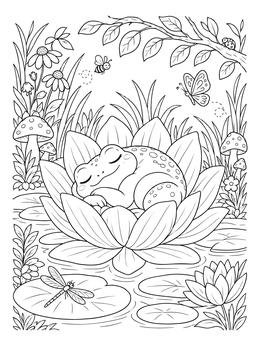 A cute sleeping frog coloring page resting peacefully inside an open water lily blossom on a pond.