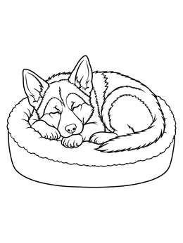 A peaceful german shepherd coloring page showing a cute puppy sleeping curled up in a plush dog bed.