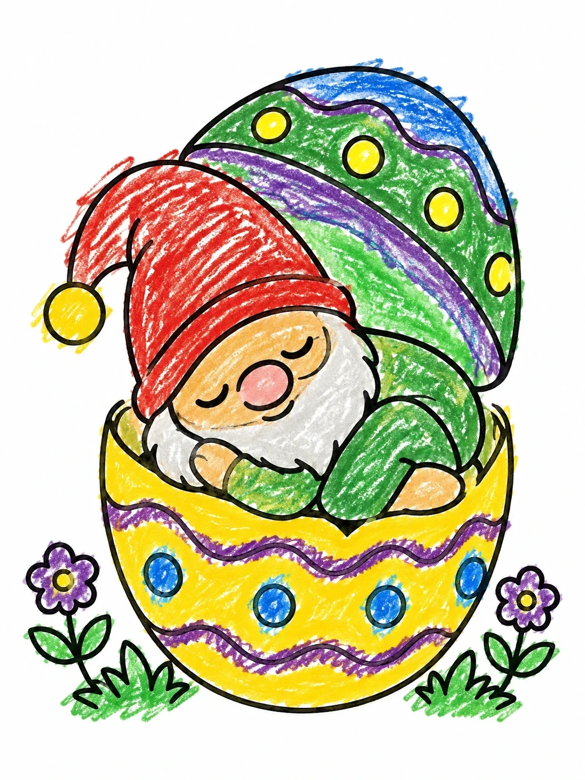 Colored example of the Sleeping Gnome Inside Easter Egg coloring page