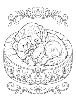 Sleeping Golden Retriever Puppy with Teddy coloring page