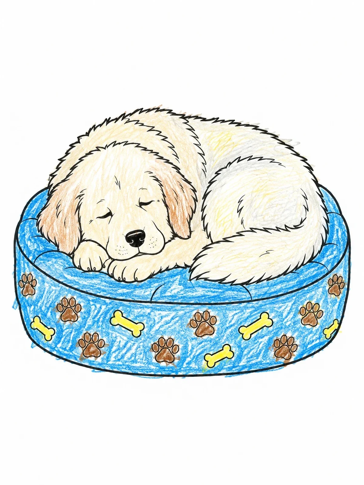 Colored example of the Sleeping Great Pyrenees Puppy In Dog Bed coloring page