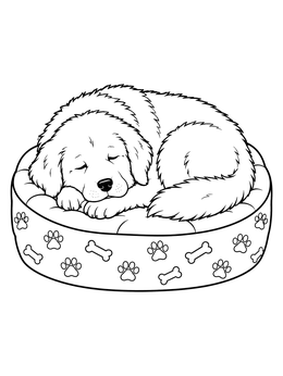 A peaceful great pyrenees coloring page showing a fluffy puppy sleeping inside a patterned dog bed.