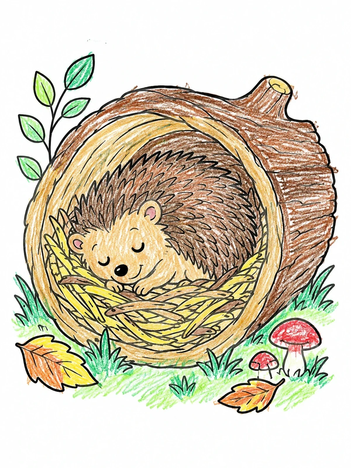 Colored example of the Sleeping Hedgehog In Cozy Log coloring page