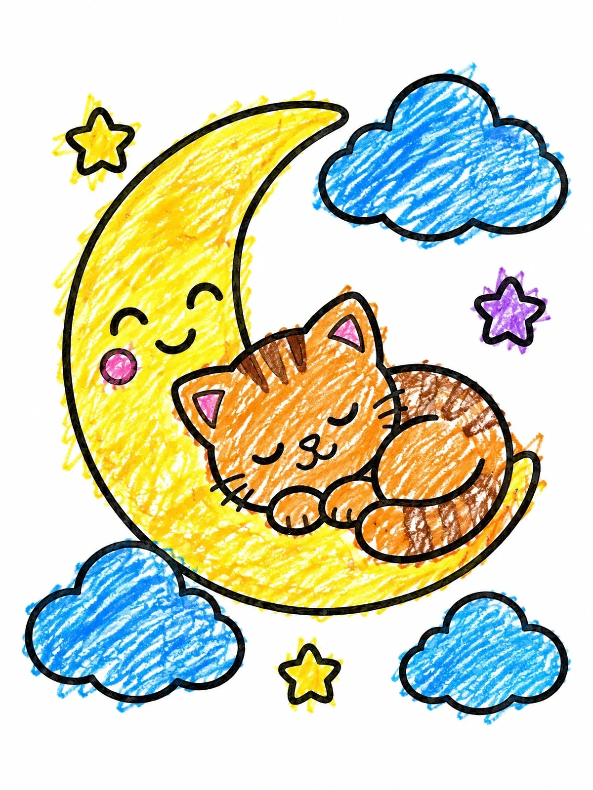Colored example of the Sleeping Kitten On Crescent Moon coloring page