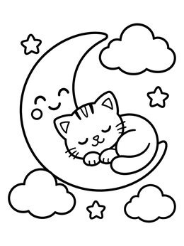 Free printable Sleeping Kitten On Crescent Moon coloring page