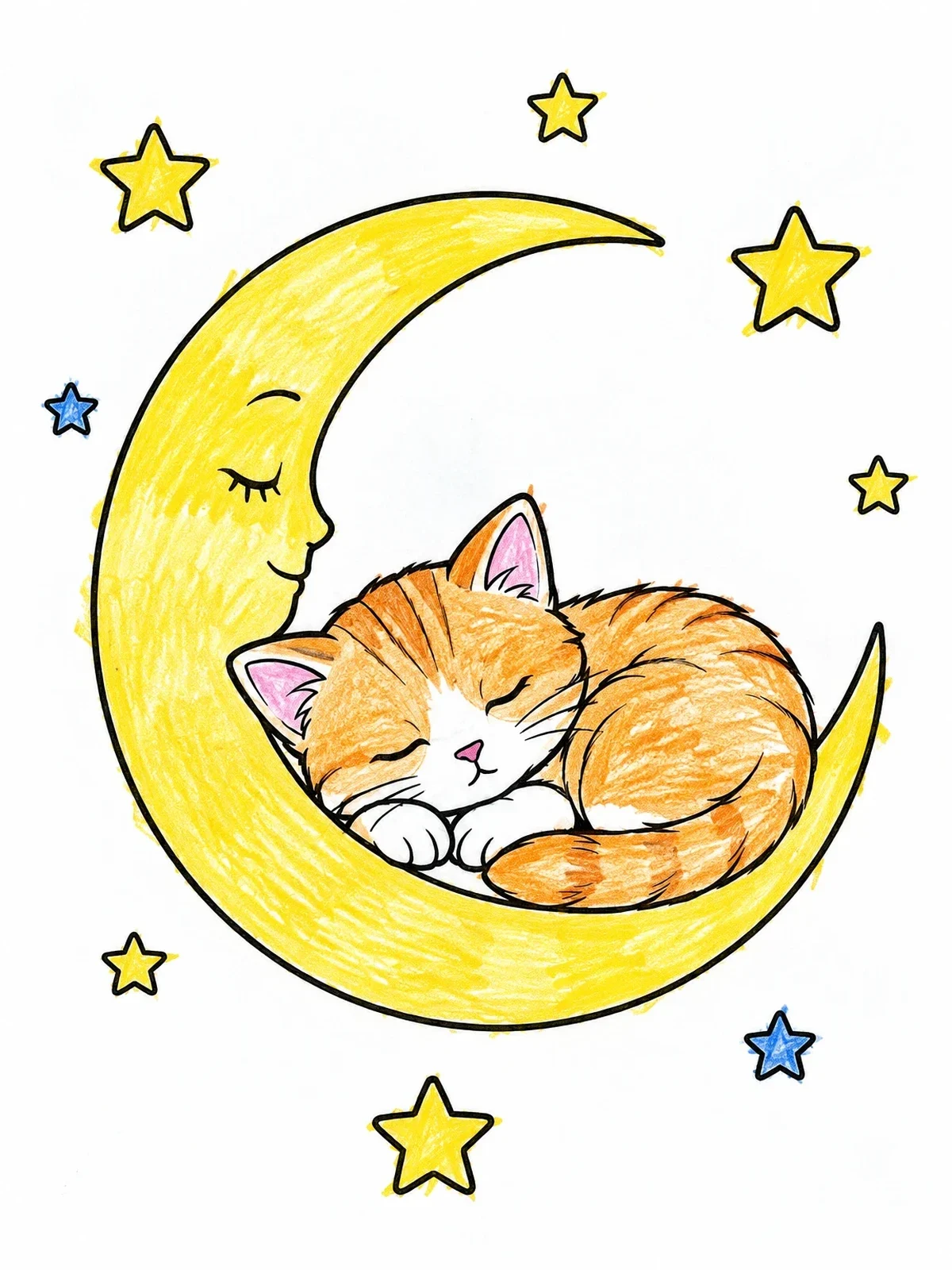 Colored example of the Sleeping Kitten On Crescent Moon coloring page