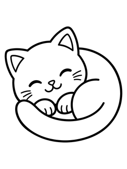 A cute kitten coloring page showing a happy sleeping cat curled into a ball.