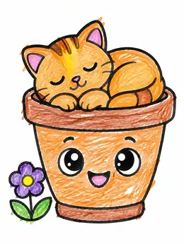 Sleeping Kitten In A Happy Planter – Flower Pot Coloring Page