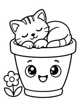Free printable Sleeping Kitten In A Happy Planter coloring page