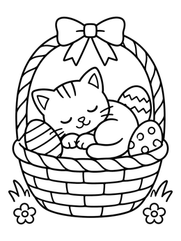 Free printable Sleeping Kitten In Easter Basket coloring page
