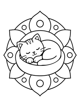 Free printable Sleeping Kitten In Flower Mandala coloring page